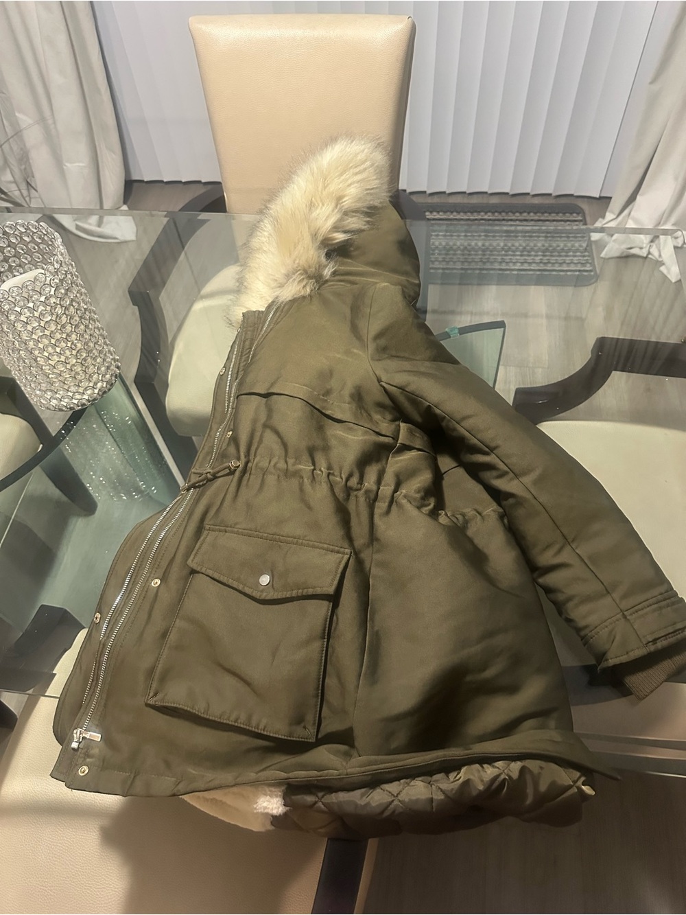 Pimkie Olive Green Parka Jacket with Faux Fur Hood